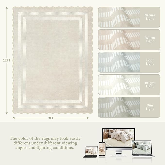Scalloped Washable 9x12 Area Rugs for Living Room, Ivory Ultra-Thin Bedroom Rug Non-Slip Dining Room Rugs, Soft Indoor Low Pile Carpet for Nursery Kids Room Office
