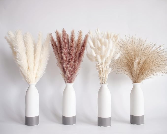 Natural Dried Pampas Grass Decor, 100 PCS Pampas Grass Contains White Bunny Tails Dried Flowers, Reed Grass Bouquet for Wedding Boho Flowers Home Table Decor, Rustic Farmhouse Party (17”)