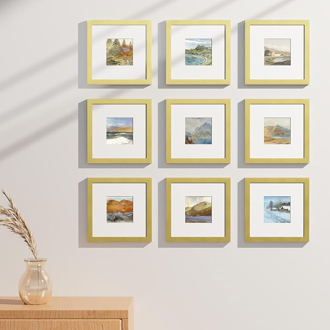 Vittanly 8x8 Picture Frames Set of 9 for Wall or Tabletop Display, Gold | Display Pictures 4x4 with Mat or 8x8 without Mat for Wall Mounting, Square Photo Frames for Home Decor, Engineered Wood