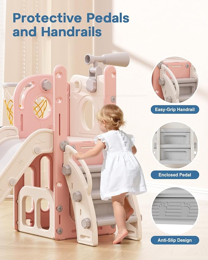 Babytronic Toddler Slide, 6 in 1 Kids Indoor Slide for Toddlers 1-3, Baby Indoor and Outdoor Climber Playset, Kids Slide with Basketball Hoop and Telescope, Toddler Outdoor Playground (Pink)