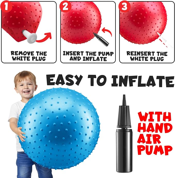 PlayBolt Jumbo 18-Inch Knobby Sensory Balls w/Pump (Pack of 2) - Large Size Inflatable Bumpy Grip Bouncy Balls for Toddlers, Kids, Therapy, Daycare, School Recess, Indoor & Outdoor Play Toy