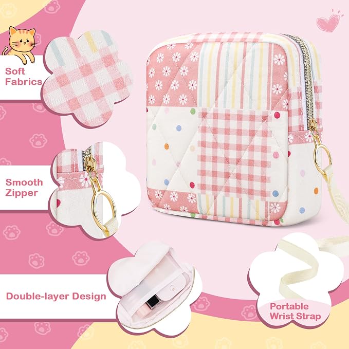 Likesing Quilted Period Bag, Period Pouches for Teen Girls Womens, Portable Floral Print Sanitary Napkin Storage Bag Feminine Emergency Tampon Pad Pouch(Pink Dot Clash)