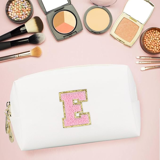 Initial Makeup Bag, Personalized Preppy Letter Monogram Cosmetic Bag | Waterproof PU Material, Compact Size, Large Capacity 7.09 x 2.95 x 3.94 in, Surprise Gift for Daughters and Teens