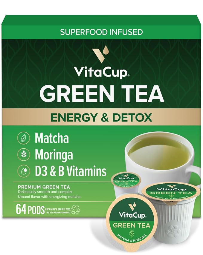 VitaCup Green Tea Pods, Enhance Energy & Detox with Matcha, Moringa, B Vitamins, D3, Keto, Paleo, Vegan, Single Serve Pod, Compatible with Keurig K-Cup Brewers,64 Ct
