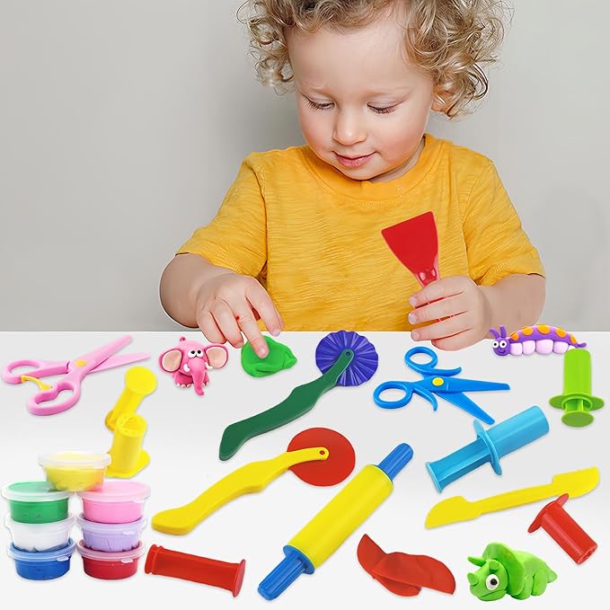 Clay and Dough Tools 12 Pcs Basic Dough Tools Set for Kids with Extruders, Rolling Pin, Cutters,Plastic Hand Scraper, Scissors