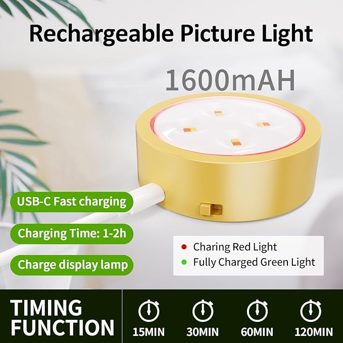 Tututry 6-Pack Picture Lights for Wall, Rechargeable Battery Operated Wireless Magnetic Painting Lights with Remote Dimmable and Timer, Wall Decor Lights with 3 Lighting Modes for Art Display (Gold)