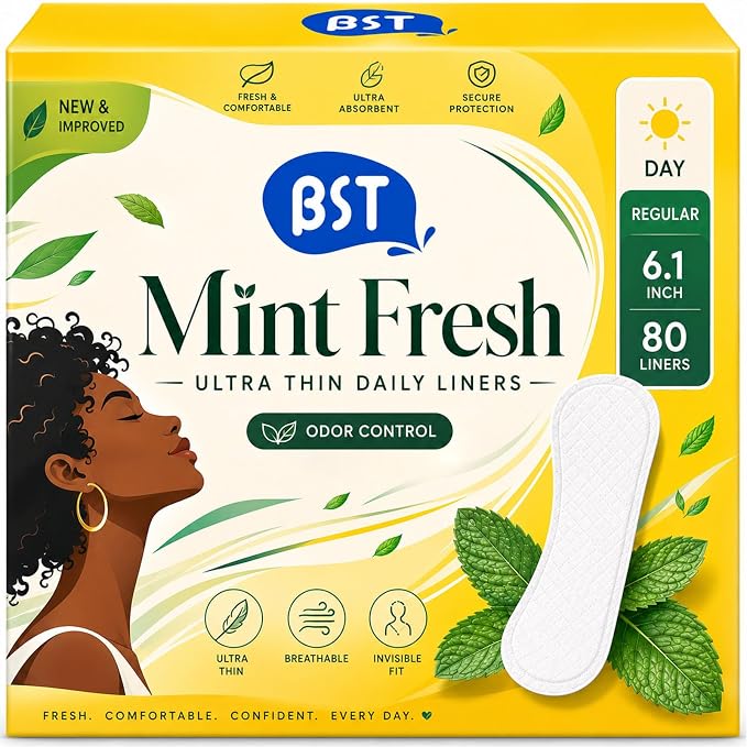 BST Mint Fresh Wingless Panty Liners for Women, Invisible Breathable Ultra Thin Daily Pantiliner, Odor Fighting, Daily Feminine for Light Flow (6.1 Inch 80 Count, Packaging May Vary)