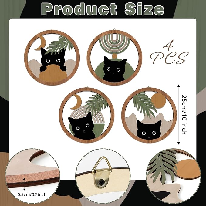 HPNIUB Abstract Mid Century Boho Black Cat Wall Decor-4 Pieces 10''x10'' | Farmhouse Geometric Hanging Wooden Wall Art,Bohemian Moon and Sun Wood Sign for Nursery Bedroom Decoration, Lovely Cat Gifts