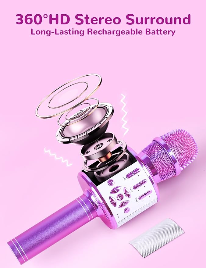 Amazmic Toys for Girls, Kids Karaoke Microphone Toddler Microphone for Kids with Lights, for Girls, Birthday New Year Party Boys Toy Age 3 4 5 6 7 8+(Light Purple)