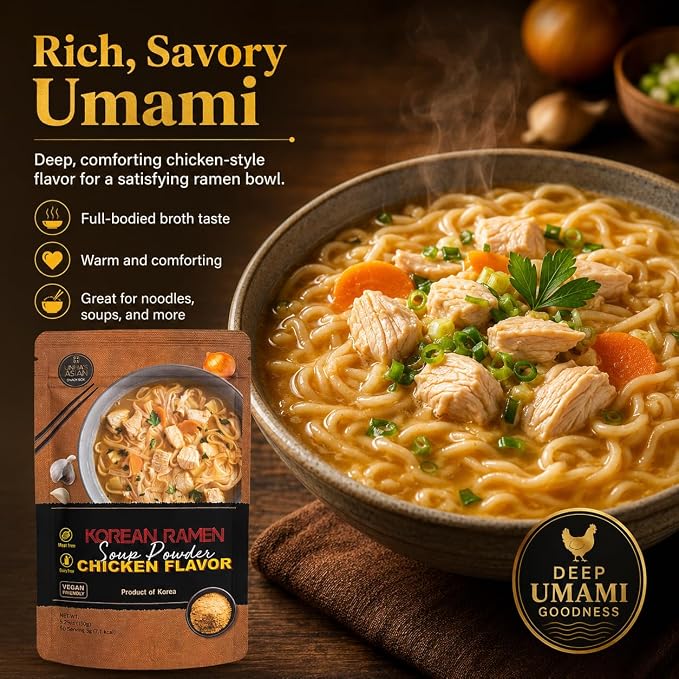 Korean Chicken Ramen Soup Powder - Instant Ramen Soup Seasoning Chicken Flavor, Umami Flavor, 5.29oz pack, product of Korea | korean chicken ramen seasoning, vegan soup powder, 5.29 oz pouch, no msg, mild umami broth, noodles rice hot pot