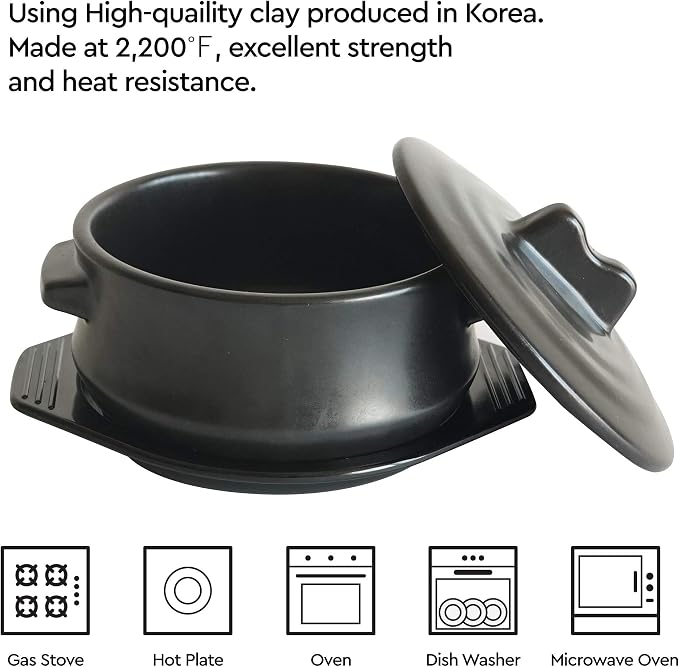 Premium Korean Stone Bowl with Lid and Tray Set, 37 oz Dolsot Hot Pot for Bibimbap and Soup, Sizzling Ceramic Cookware