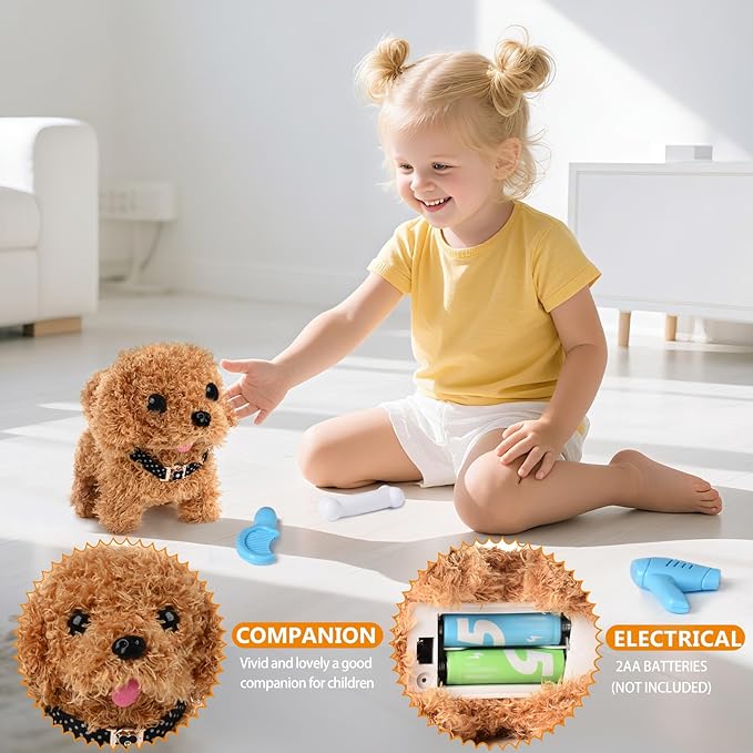 Electronic Interactive Plush Puppy - Battery Operated Mechanical Walking Little Pet Dog with a Cute Bag, Barking, Tail Wagging, Stretching Companion Animal for Toddlers & Kids (Brown)