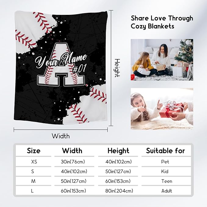 Personalized Baseball Blanket - Custom Initial Name Gifts for Boys - Soft Sports Flannel Throw for Kids Son - 40x50 Inches Small Blanket - Cool Ideas Decoration for Baseball Lovers