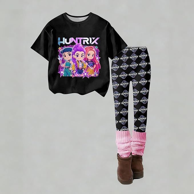 K Pop Short Sleeve T-Shirt and Pants Outfits Set for Girls Hunters Rumi Mira Zoey Graphic Tees De-Mon Kids