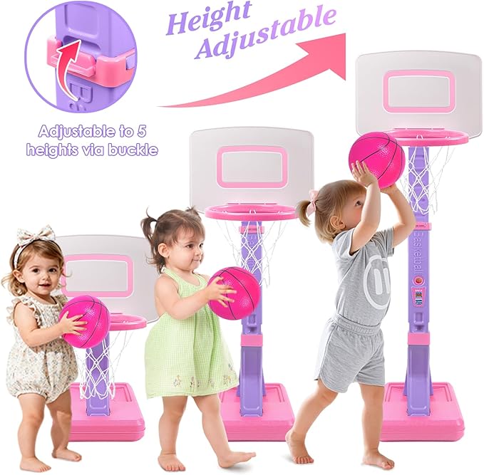 Toddler Basketball Hoop Indoor Outdoor - Height Adjustable 27.6-54 Inches (5 Slots), Kids Basketball Hoop with 4 Inflatable Balls & Pump, Safe Toddler Toys for 1-6 Year Old Boys Girls