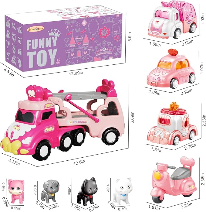 9 in 1 Carrier Truck Cars Toys - Pink Princess Girl Car with Light and Sound - Toddler Toys Age 1-4
