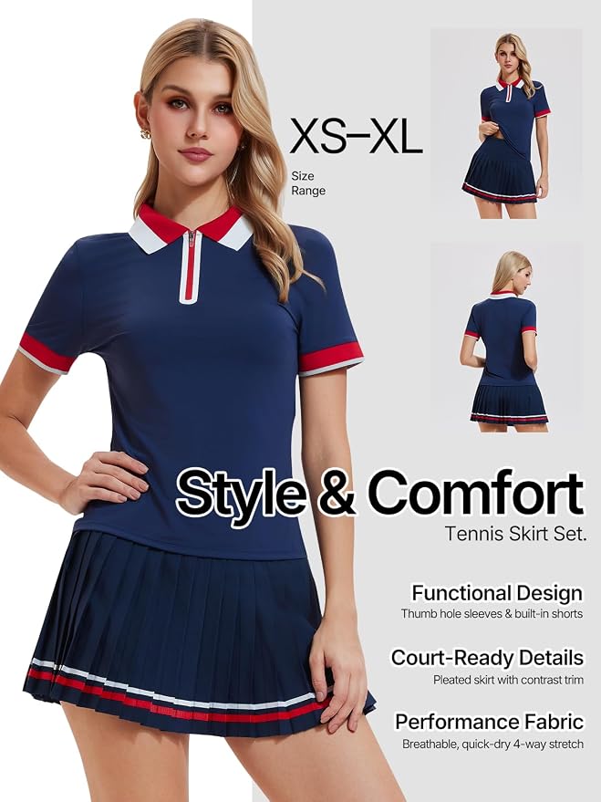 Women's 2-Piece Tennis Skirt Set, Polo V-Neck Top & High-Waisted Pleated Skirt, Athletic Outfit for Golf Pickleball