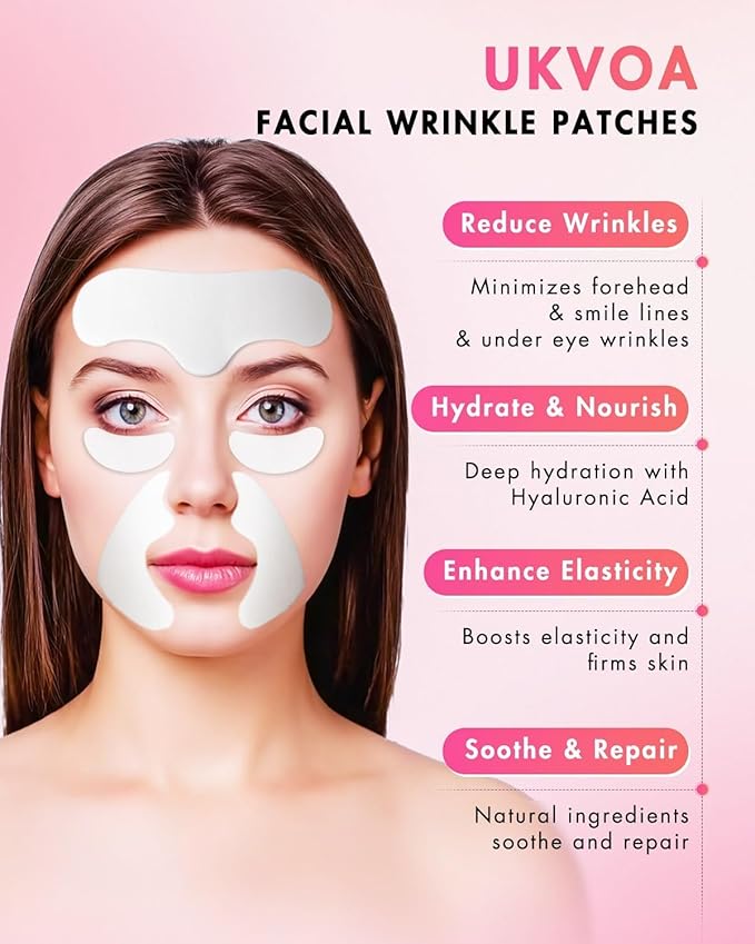 UKVOA Forehead Wrinkle Patches & Smile Line Patches & Under Eye Patches, Overnight Facial Wrinkle Treatment with Hyaluronic Acid, Aloe, Collagen & Vitamin E to Lift Smile Lines for Women 60pcs