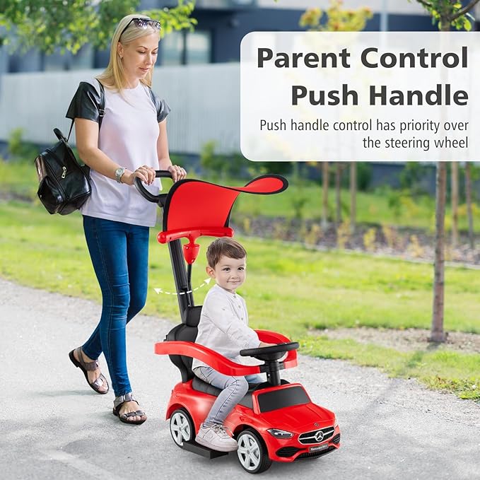 Licensed Mercedes Benz Push Car for Toddlers by INFANS, 3 in 1 Sliding Walking Car with Push Handle, Horn, Music, Underneath Storage, Foot-to-Floor Ride on Toys for Boys Girls, Red