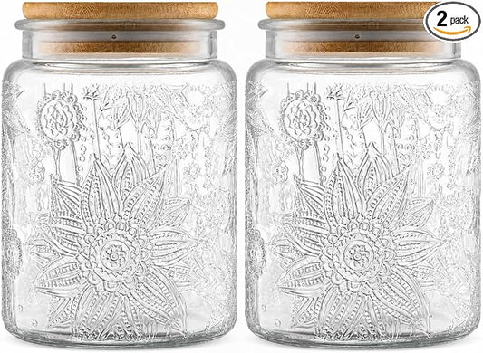 2 Pack Vintage Glass Storage Jars with Lids, 23.7oz Decorative Jars | Airtight Coffee Canisters, Glass Food Storage Containers for Tea Candy Sugar Cookie, Cute Jars