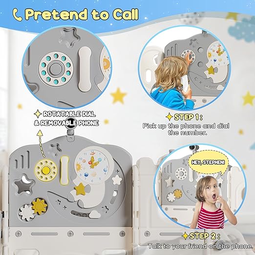 BIERUM 12 in 1 Toddler Slide, Astronaut Themed Baby Slide for Toddlers Aged 1-3, with Astronaut, Moon, Cloud, Star, Phone Call Design, Basketball Hoop and Ring Toss, Toddler Playset Beige Gray