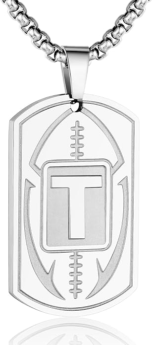 Initial A-Z Dog Tag Necklace for Men - Football Charm Pendant, Stainless Steel Chain 22+2 Inches, Personalized Sports Athletes Jewelry Gift