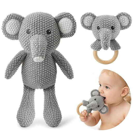 Baby Elephant Stuffed Animals for Babies 2Pcs Cute Calf Plush Toys Set: 10" Grey Elephant Plush Doll and 5.9" Baby Teething Rattle Soft Baby Boy Girl Gifts for Birthday,Easter,Christmas