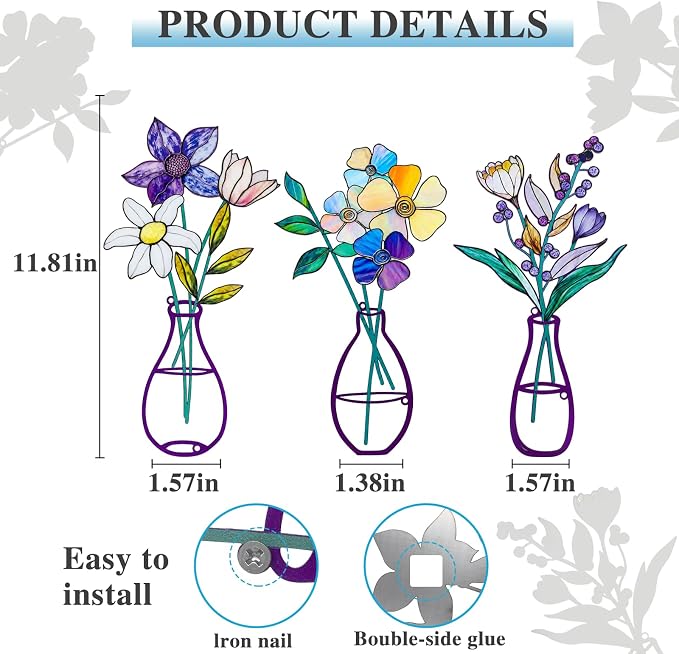 3 Pcs Metal Flowers Wall Arts,Metal Vase Wall Art,Iron Art Painting,Rustic Farmhouse Decor Minimalist Flower Wall Decor for Bedroom Bathroom Living Room Dining Room (Set G)