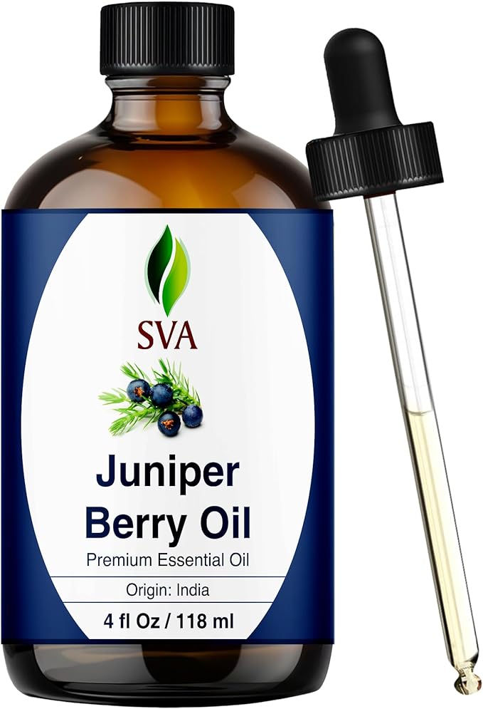 SVA Juniper Berry Essential Oil 4 Fl Oz – for Diffuser, Skin & Hair Care – Ideal for Massage & DIY Blends - with Dropper