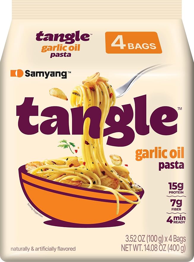 Tangle Garlic Oil Instant Pasta, 15g Protein Linguine, 6g Fiber, 4-Pack | 15g protein, 6g fiber per serving; Chickpea-based air-dried noodle; Roasted garlic and olive oil with a spicy kick