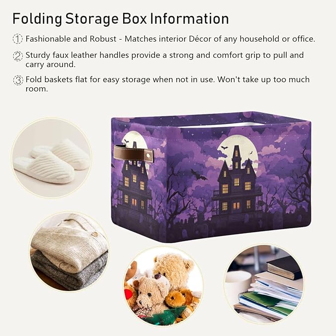 Aslsiy Storage Basket Spooky Castle Halloween Moon Nursery Bins Purple Baby Box Canvas Clothes Shelf Basket Laundry Hampers 2 Pcs