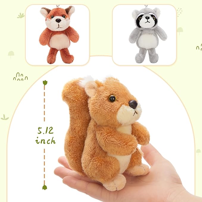 3Pcs Bulk Woodland Animal Keychain Plush Toy, 5" Cute Raccoon, Squirrel, Fox Stuffed Animal Keyring Pendants, Stuffed Forest Animals for Baby Shower Birthday Party Decor Backpack Charms