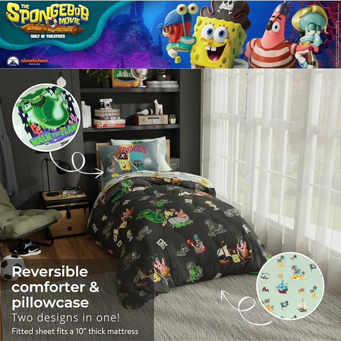 Spongebob Squarepants Movie Kids Bedding Set, Twin Size, Roblox UGC Reward Included – 5-Piece Super Soft Cozy Reversible Comforter & Sheet Set (Officially Licensed Product) by Franco