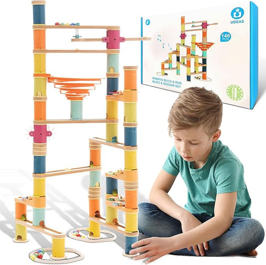 Marble Runs Building Toy 146pcs, Bamboo Construction Toy Set with Ball, Simple Maze Toy with Music Suitable for Age 4+ Children