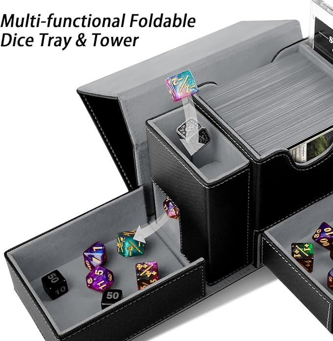 MTG Deck Box for Commander Display with Dice Tower, Fits 100 Double Sleeved Cards for TCG/PTCG, Cards Storage Case with Dice Tray and 35PT Magnetic Card Holder (Black/Grey)