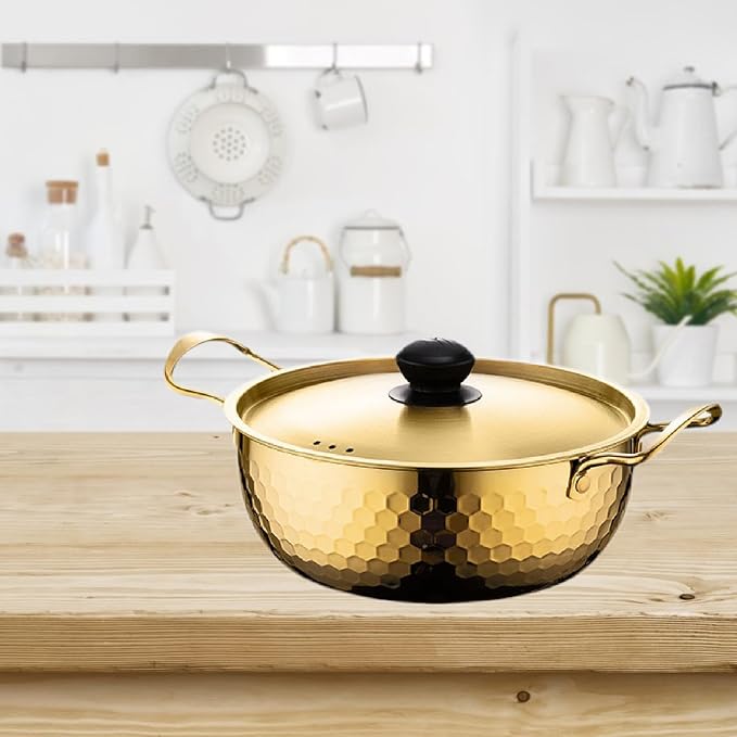 Korea Ramen Pot Stockpot Practical Stainless Steel with Lid Soup Pot Saucepan for Backyard Parties Hiking Picnic Pasta Curry, 22cm Gold