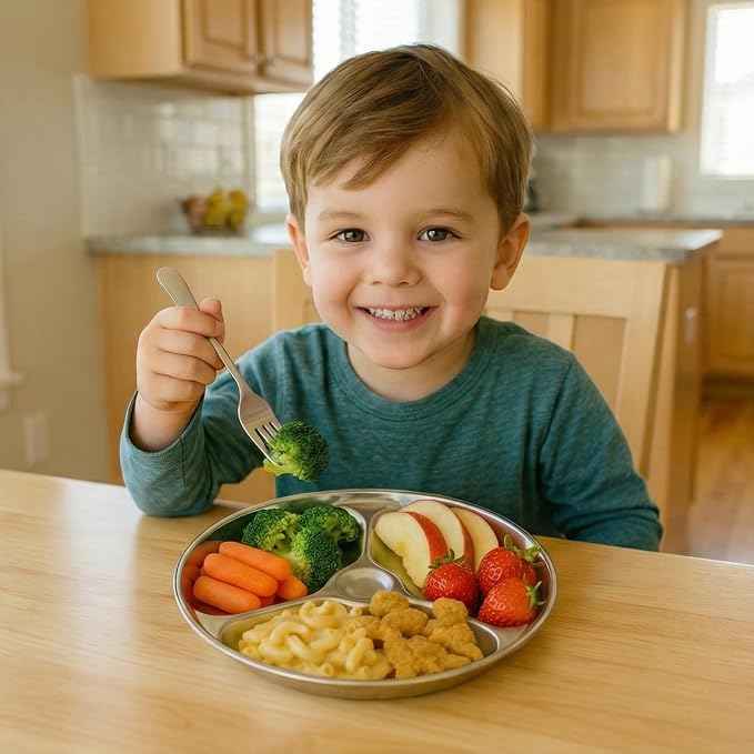 Korean Stainless Steel Non-Toxic Divided Plates for Toddlers & Kids 2-Pack | Premium 304 electro-polished stainless steel with no black residue. BPA-free 8" food tray for babies school & daycare