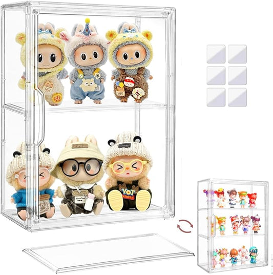 Attelite Acrylic Display Cases for Collectibles,3 Layer Clear Display Case with Magnetic Door,Desktop Clear Showcase with 2 Adjustable Divider Storage Box for Action Figure