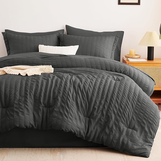 CozyLux King Size Comforter Set Dark Grey Seersucker 7 Pieces Bed in a Bag King Comforter Set with Sheets, Dark Gray Luxury Bedding Sets with Down Alternative Comforter, Sheets, Pillowcases & Shams
