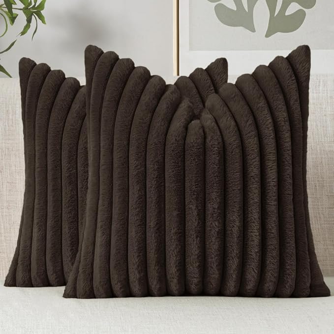 MIULEE Faux Fur Decorative Throw Pillow Covers 20x20 Set of 2 Dark Brown | Modern Fall Soft Plush Couch Pillows, Cozy Fluffy Cushion Covers for Sofa Bed Living Room Home Decor