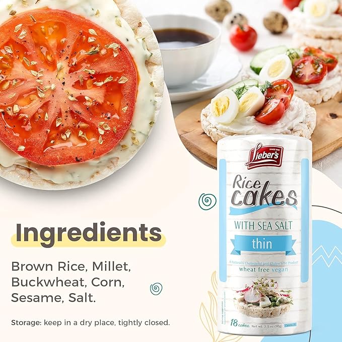 Lieber's Sea Salt Whole-Grain Brown Rice Cakes, Gluten Free, Vegan, 3-Pack | Dairy Free, Wheat Free and Kosher Certified, Crispy, Crunchy Snack with 60 Calories or Less per Cake for on-the-go Eating.