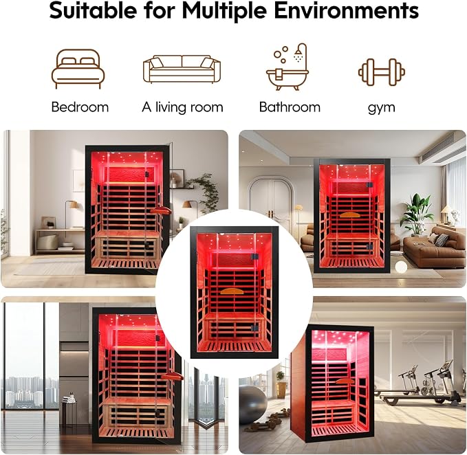 OUTEXER Infrared Sauna 2000W Wooden Saunas Home Spa Room Wood Low-EMF Indoor Saunas with with 7 Color Starry Sky Ceiling Light for Two Person 74.8 * 47.2 * 41.3Inch