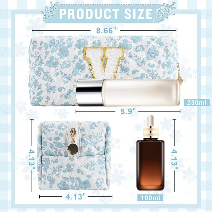 Personalized Quilted Cosmetic Bag, Puffy Monogrammed Christmas Birthday Gifts for Women & Girls, Cute initial Floral Makeup Bag Puffer Coquette Bag, Aesthetic Travel Toiletry Zipper Pouch(Blue,V)