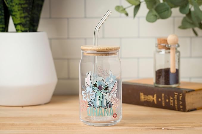 Silver Buffalo Disney Lilo and Stitch Ohana Floral Glass Jar Tumbler with Bamboo Lid and Glass Straw, 16 Ounces (Pack of 12)