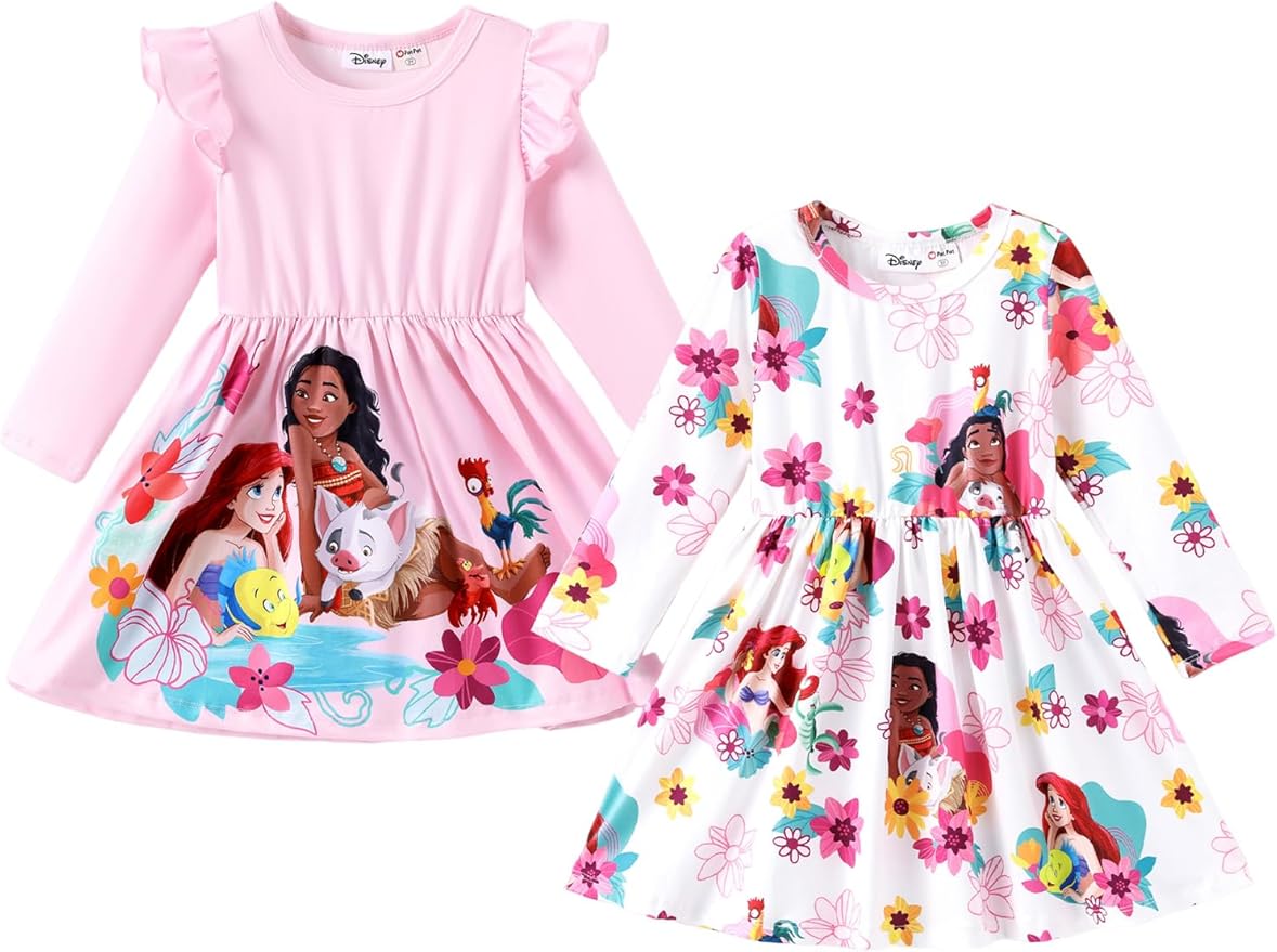 Disney Frozen Elsa Stitch Princess Minnie Mouse Toddler Girl Dresses 2 Pack Ruffle Long Sleeve Dress Set (3 Months - 6 Years)