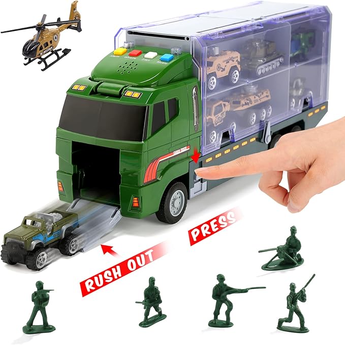 28 in 1 Army Toy Trucks with Sound and Light, Push and Go Military Car Carrier with 16 Soldiers, Gift for Boys, Toddlers, and Kids Ages 3+