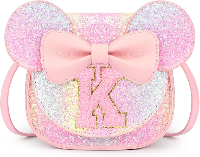 mibasies Toddler Purse Girl Gifts: Girls Birthday Gifts for 3-8 - Toys for Ages 2-4 Girls Mouse Ears Purse, Glitter Rainbow, Letter K