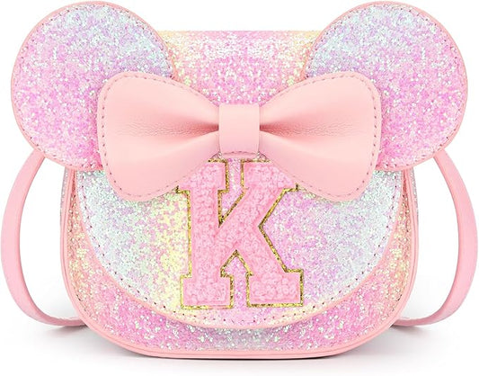mibasies Toddler Purse Girl Gifts: Girls Birthday Gifts for 3-8 - Toys for Ages 2-4 Girls Mouse Ears Purse, Glitter Rainbow, Letter K