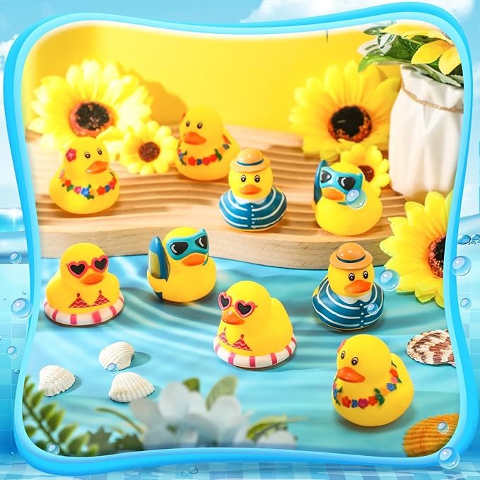 Honoson Summer Beach Rubber Duckies Bulk Mini Rubber Duck Bath Toys Float Bathtub Ducky Cute Squeaky Ducky for Classroom Carnival Summer Birthday Baby Shower Party Favor(Yellow Series,24 Pcs)