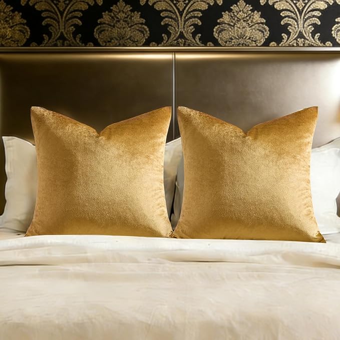 GIGIZAZA Golden Velvet Pillow Covers 26x26 Decorative Pillows Pack of 2 | Throw Pillows for Couch,Euro Sham,280gsm Soft Textured Fabric,Modern Square Pillowcases,Luxury Cushion Covers